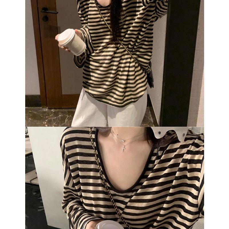 Women Casual Loose Striped V Neck Long Sleeve Thin T Shirt Top