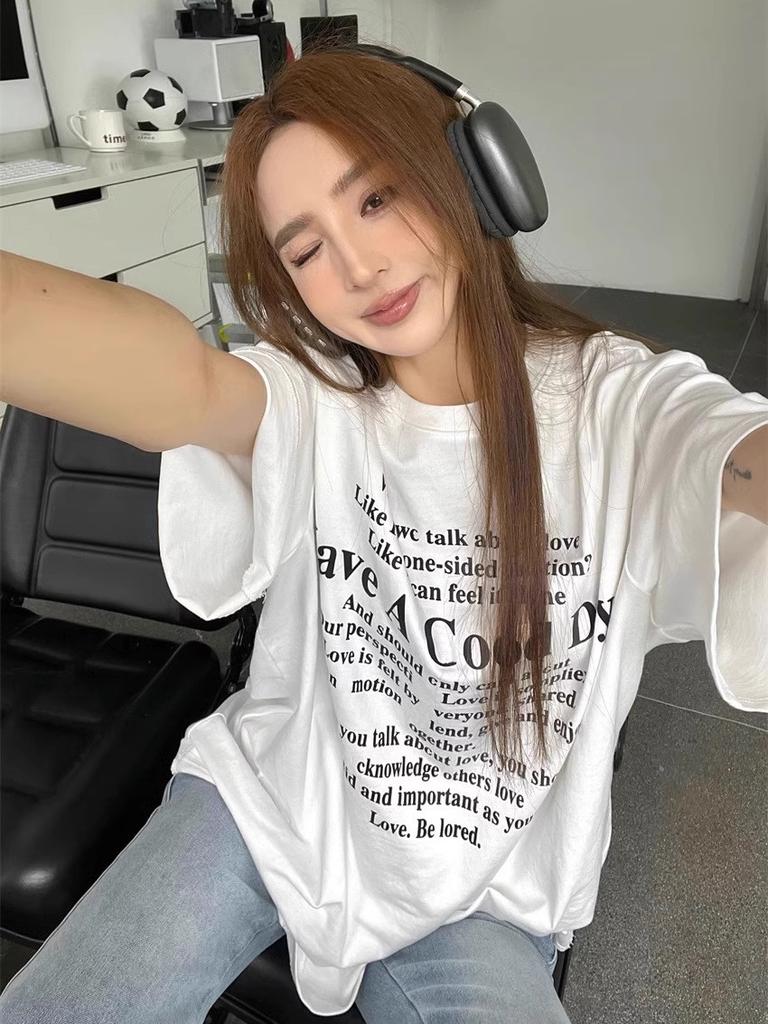 American Black Cotton Casual Short-sleeved T-shirt Women's Summer Large Size Fat Mm100kg Loose Lazy Hong Kong Style Retro Top