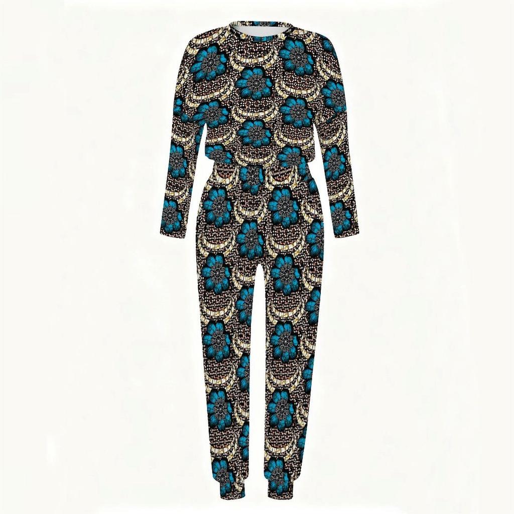 Female Round Neck Long Sleeve Top And Elastic Waist Straight Leg Trousers Two Piece Leisure Outfit