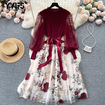 Women's Fashion Spring Fall Flower Pattern Print Long Sleeve O-Neck High Waist Casual Dresses