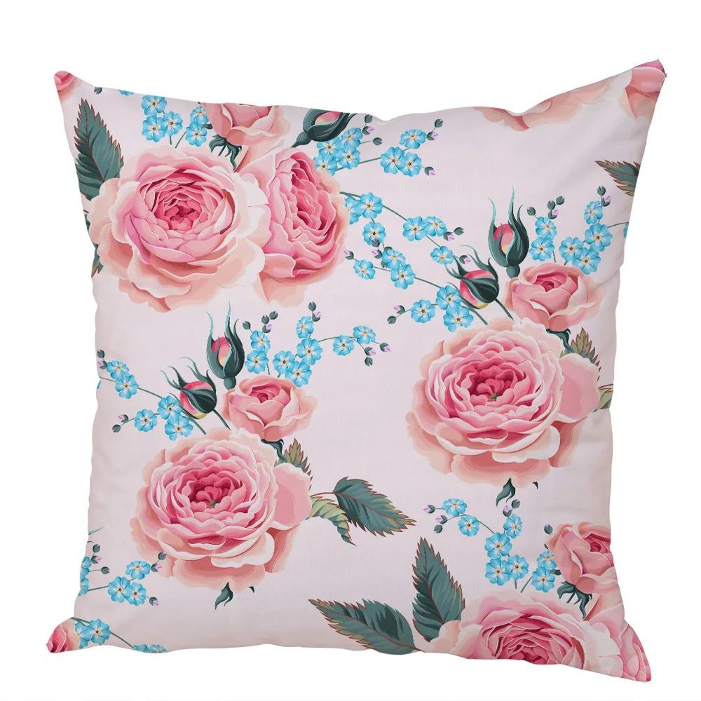 Nordic Style Rose Flower and Birds Pillow Case Cushion Cover for Car Peach Skin Decor Flower Plant Animal Throw Pillowcase
