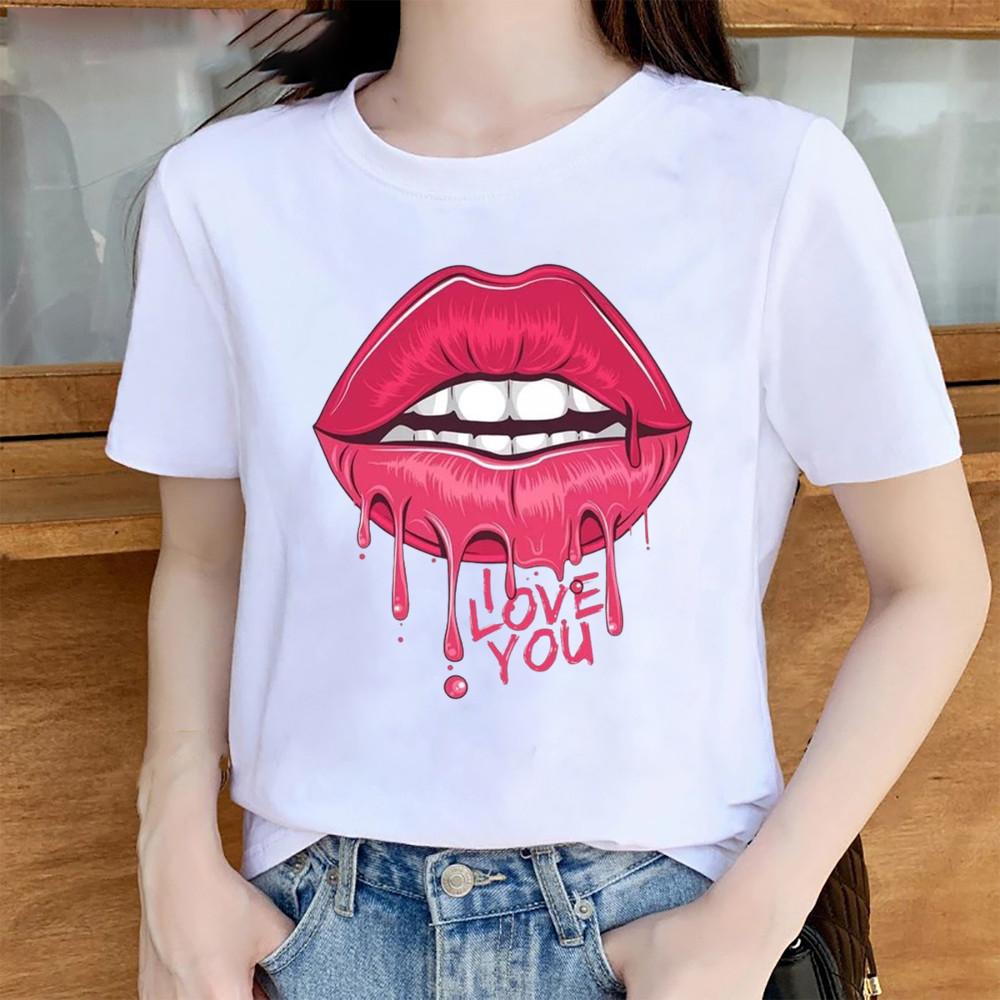 Summer Sexy Lip Print Short Sleeve Tshirt Womens Fashion Graphic Top High Street Slim Fit Modal Fabric