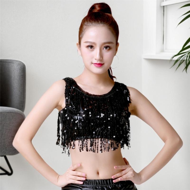 Belly Dance Performances Sequins Fringe Vest Elastic Stretch Fabric Round Neck Stage Show Costume