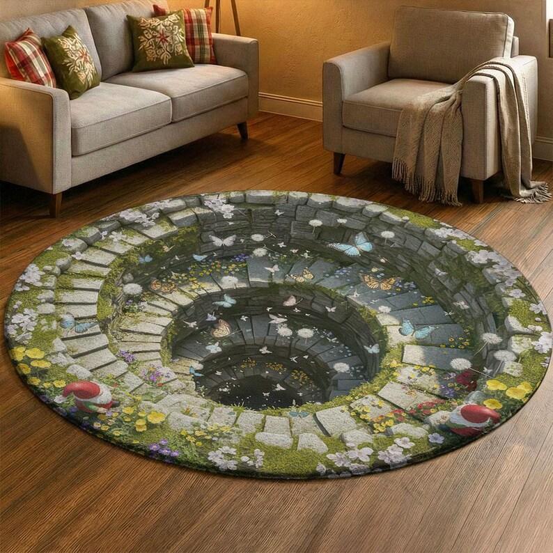 Visual Hole Round Carpet Spring Flower Bird Plant Anti Slip Door Mat Living Room Bedroom Kitchen Decoration Carpet