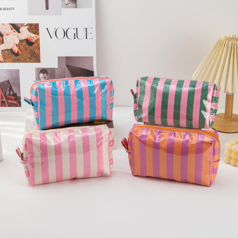 Pvc Striped Cosmetic Bag Makeup Bag With Zipper Waterproof Travel Toiletry Bag Makeup Brush Case 1Pc