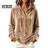 Button Down Coat Women Front Velvet Hoodie, Long Sleeve Hooded Jacket, Soft Outerwear Loose Fit Casual Drawstring for Autumn Winter Apparel