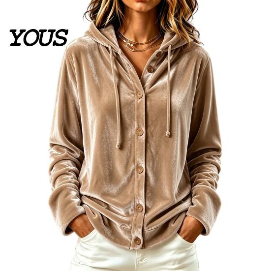 Button Down Coat Women Front Velvet Hoodie, Long Sleeve Hooded Jacket, Soft Outerwear Loose Fit Casual Drawstring for Autumn Winter Apparel