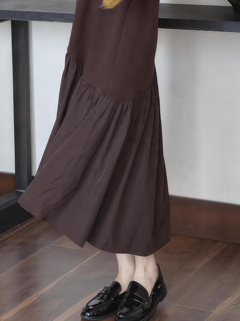 Autumn/Winter Solid Color Women's Slimming Long Sleeve Patchwork Dress, Long Skirt, Elegant and Relaxed Style