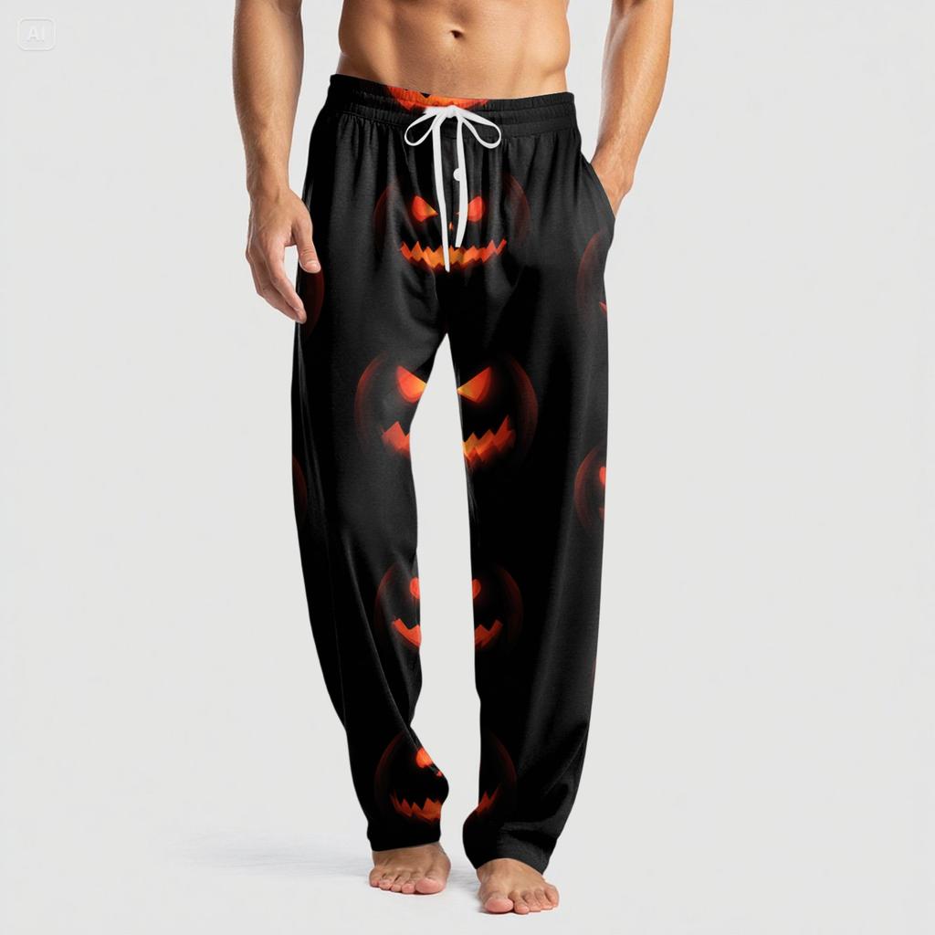 Men's Knitted Halloween Print Pocket Casual Pants Pajama Pants