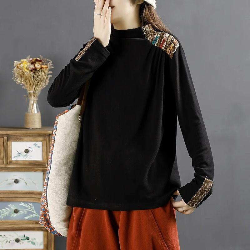 Ethnic Style Retro German Velvet Women's Sweatshirt, 2024 Autumn/Winter, Loose Stitching Pullover, Warm Base Layer