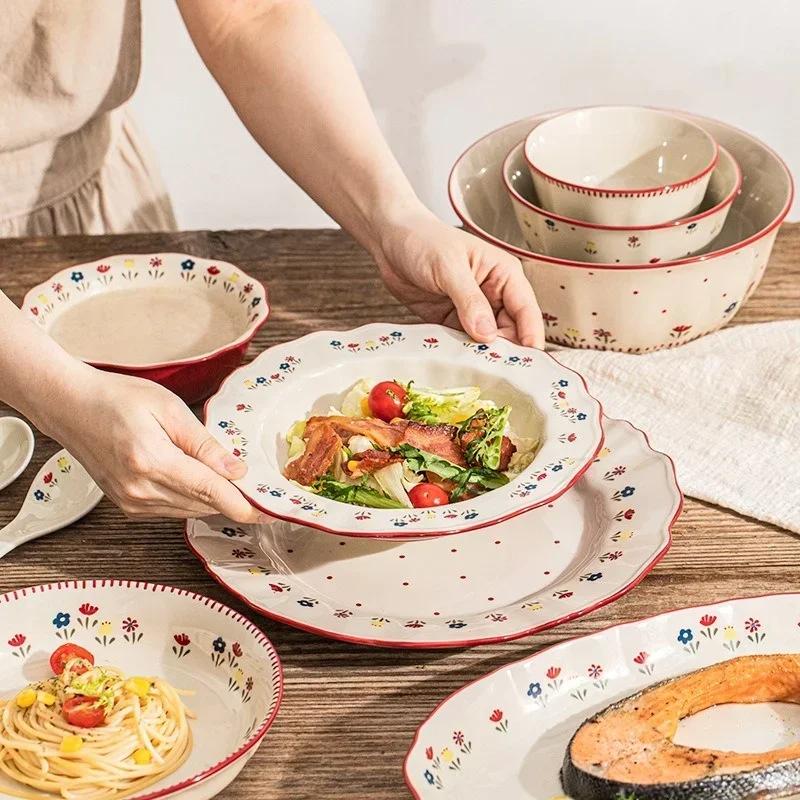 SOLECASA Ceramic Tableware Pastoral Style Rice Soup Bowl Fruit Salad Bowl Dish Pasta Dessert Plate Dinnerware Table Decoration
