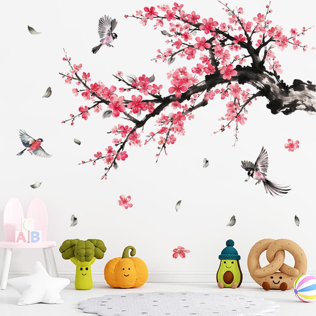 Ink Wash Peach Blossom Branch Bird Wall Sticker Removable Living Room Sofa Kids Room Background Decor