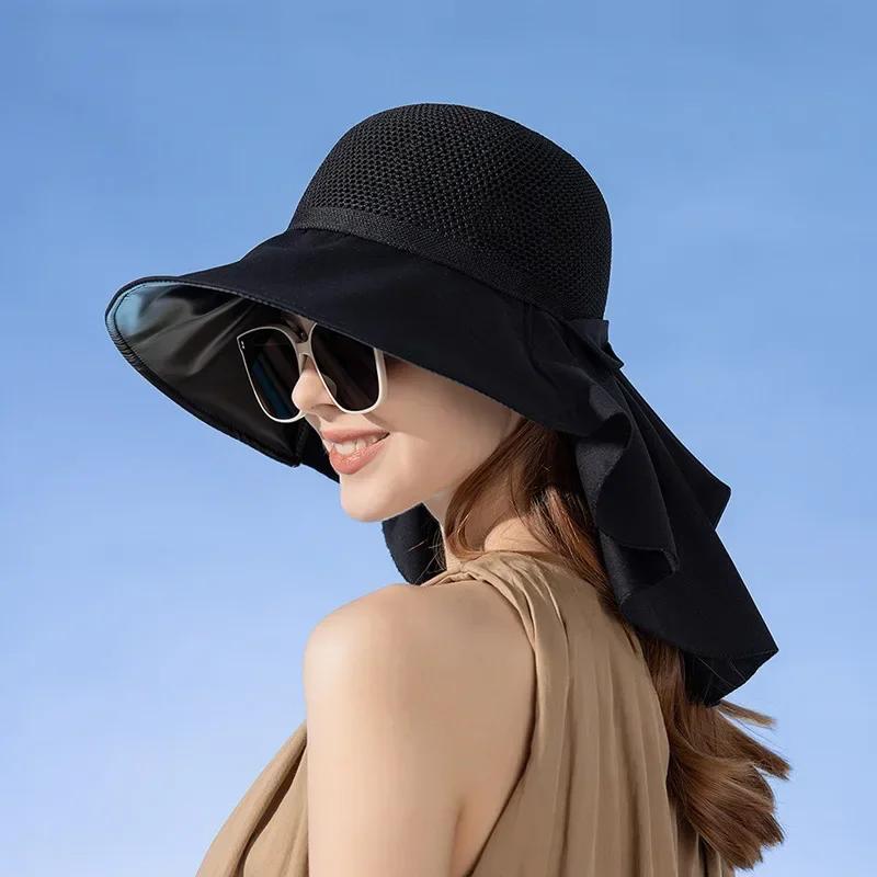 

Women s Summer Bucket Hat with Shawl - Lightweight Breathable Mesh Sun Hat, Neck Protection Bow Design Beach Cap One Size чорний