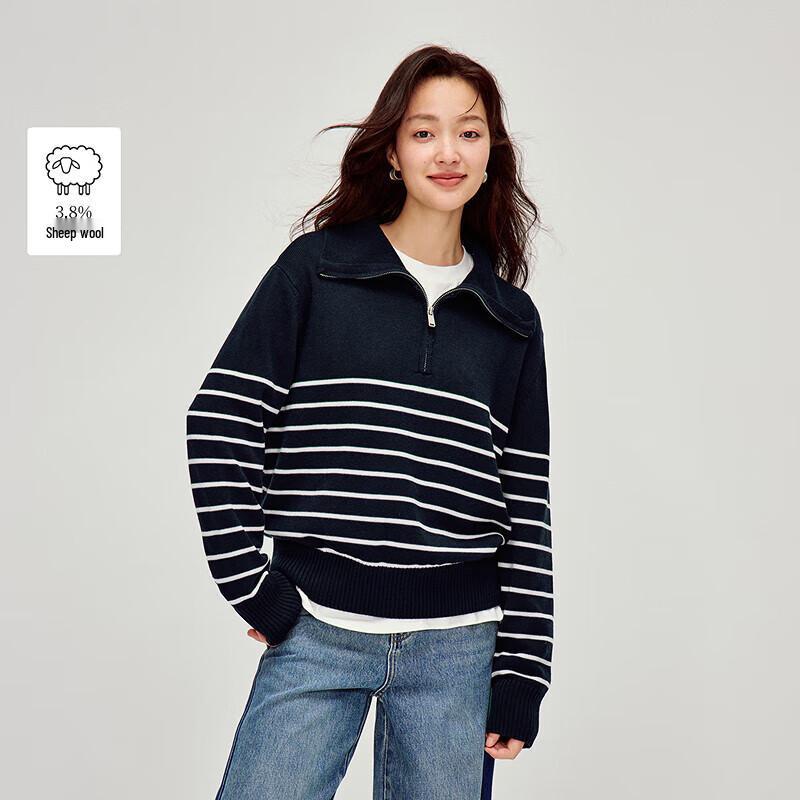 

INMAN Women s Retro Striped Lapel Zip Sweater S