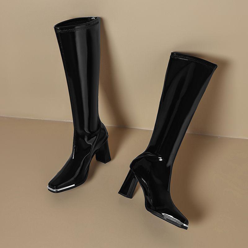 Women's Red Patent Leather Chunky Heel Boots - Autumn/Winter 2025 Collection, Metal Anti-Collision Square Toe, Elastic, Sexy Long Design.