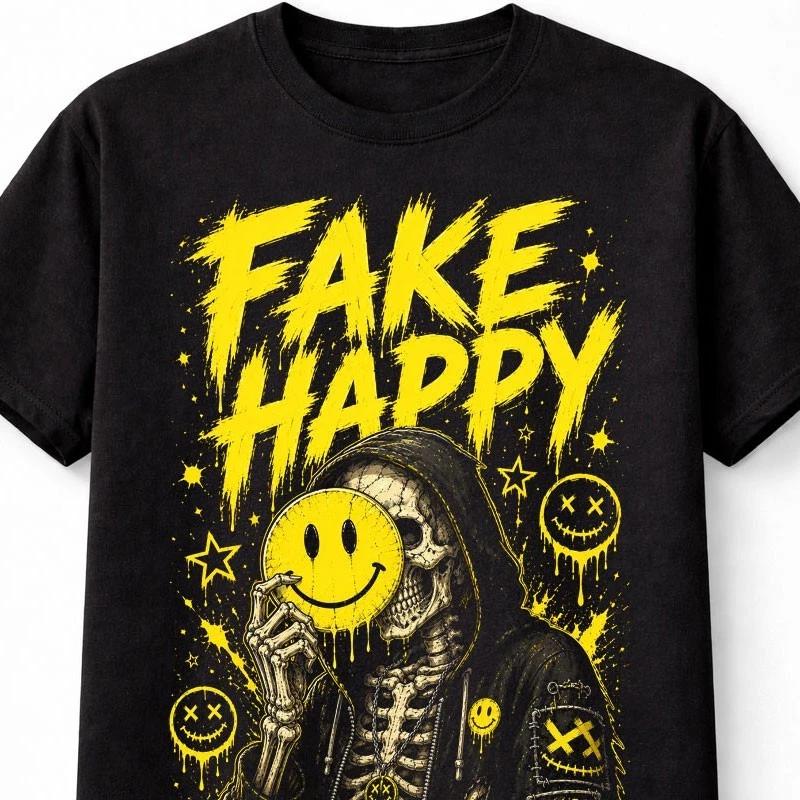 Fake Happy Skeleton Smile Gothic Horror Graphic Unisex TShirt S