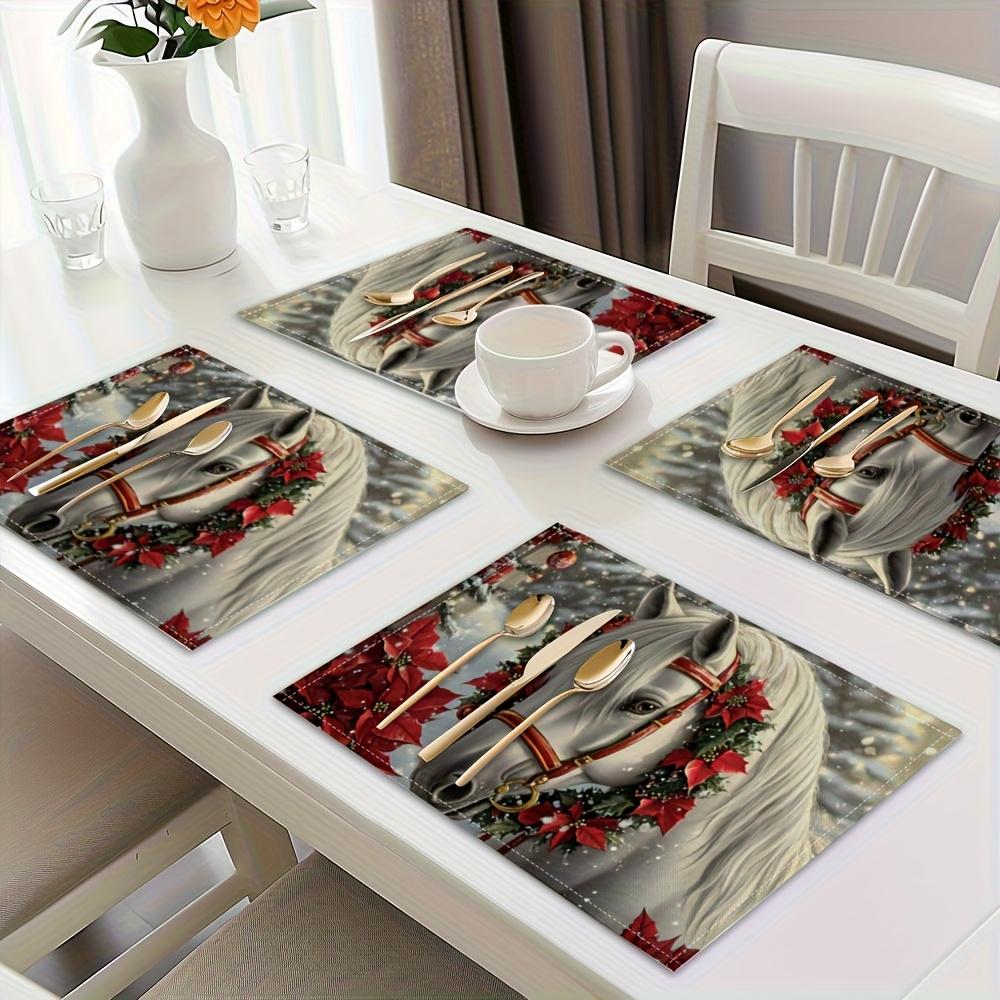 6/4pcs White Horse Pattern Design Printed Tableware Set, 100% Polyester Machine Washable, Perfect for Kitchen Dining Table Decor Placemats And Outdoor