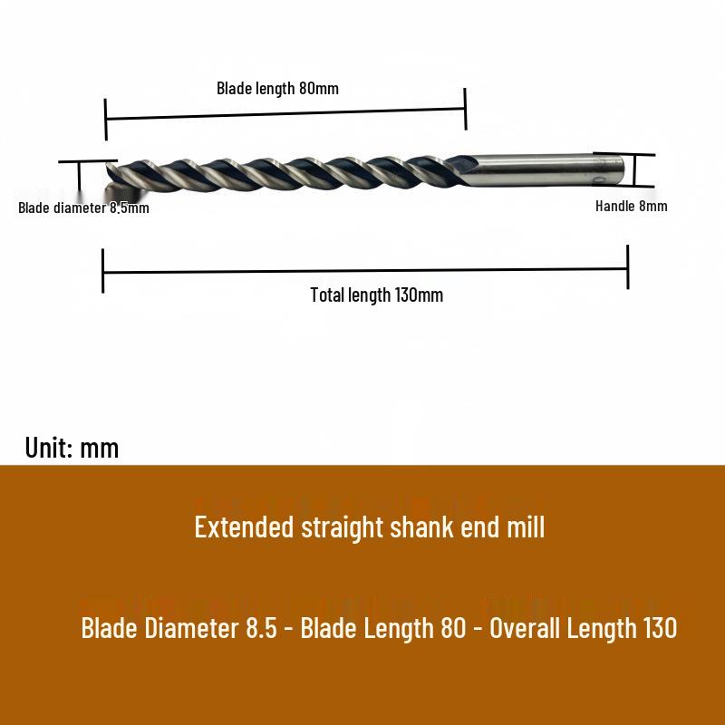 High-Speed Steel Extended Straight Shank Three-Flute End Mill, 2.5-10mm, White Steel