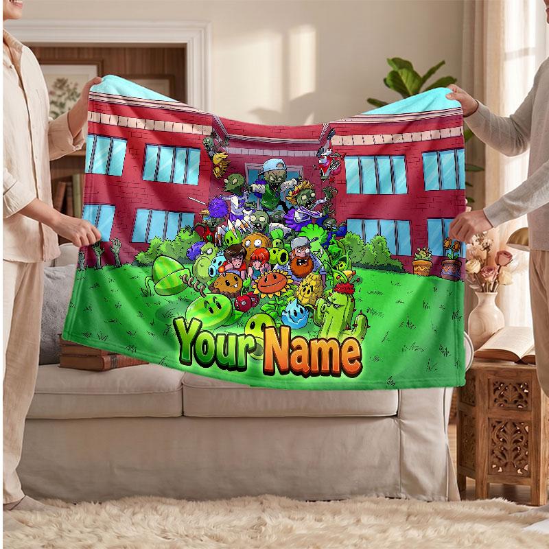 Plants vs. Zombie Personalized Flannel Blanket, Custom Printed Text Name, Warm Soft Blanket For Couch Bed