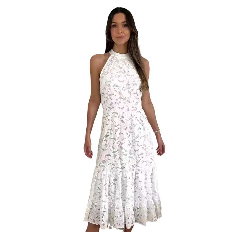 European and American new neck design simple atmospheric skirt lace flower dress sleeveless floral skirt