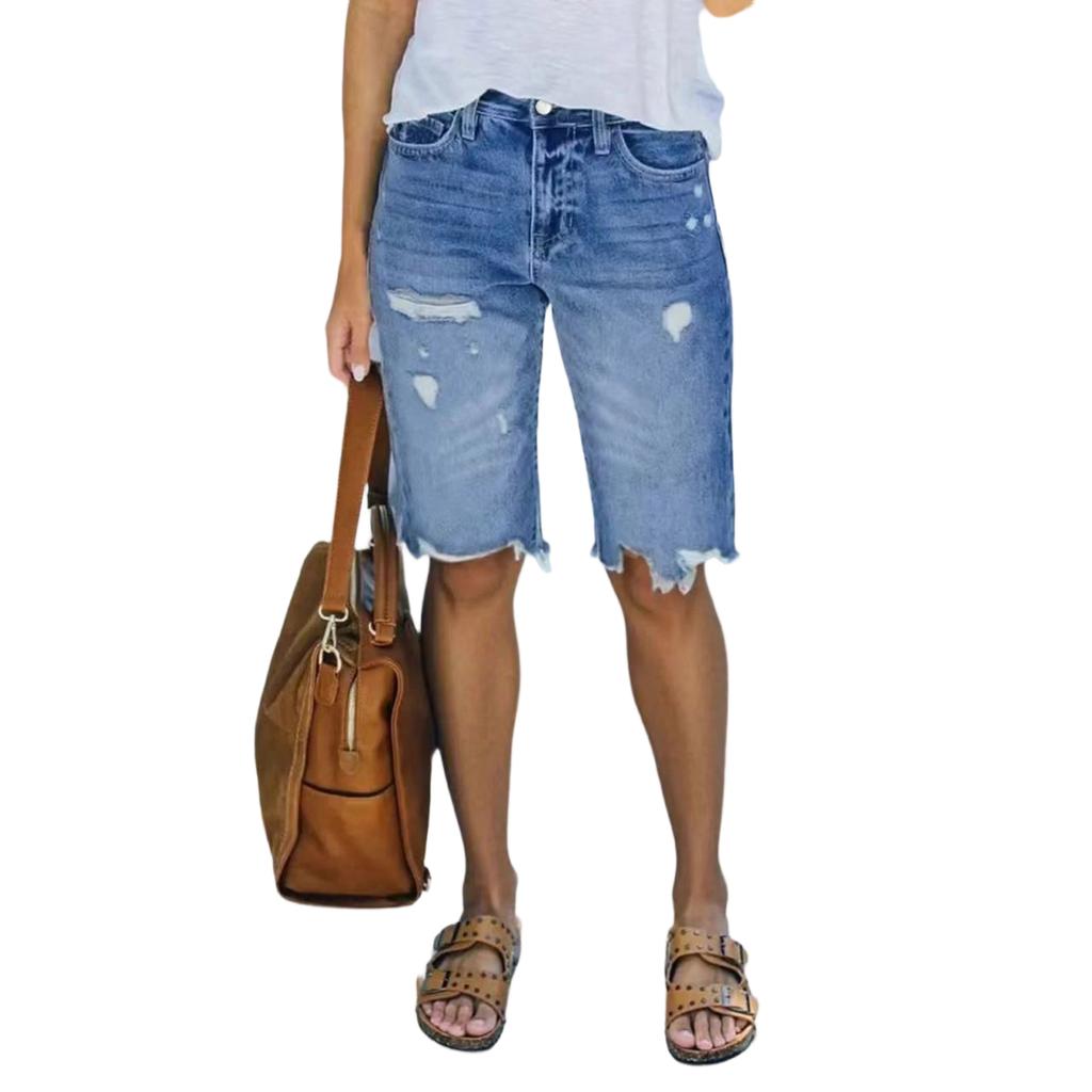 Women Straight Leg Denim Shorts with Pockets Distressed Design Mid Waist Non Stretch Casual Jean Bermuda Shorts