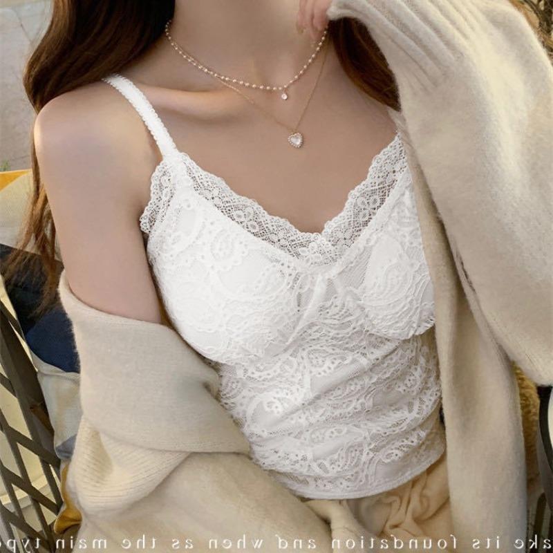 Fleece thickened thermal sling vest women's autumn and winter beauty back suit with bottoming shirt with chest pad lace top