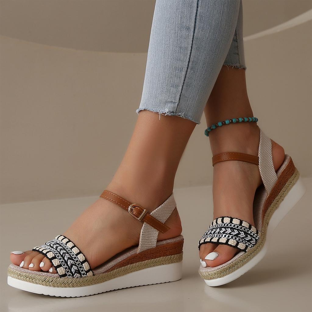 Sandali con zeppa intrecciati in iuta da donna Open toe Cinturino con fibbia Scarpe con plateau Calzature casual estive