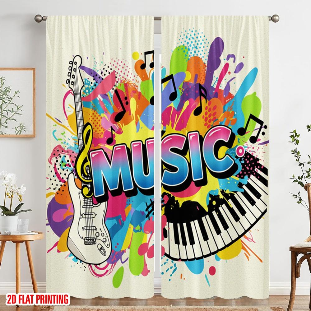 Set Of 2 Flat Printing Curtains Vibrant Music Festival Graphic Polyester Without Electricity Party Decorations Perfect Curtain