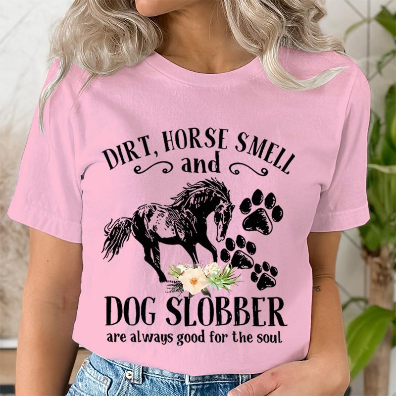 Horse Smell and Dog Slobber TShirts Women Dog Paw Floral Tshirts Short Sleeve Trendy Tee Shirt Tops Women Wild Horse T Shirts