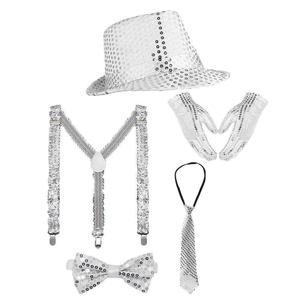 Shiny Sequined Hat Tie Gloves Set Masquerade Disco Stage Performance Costume  for Men Women