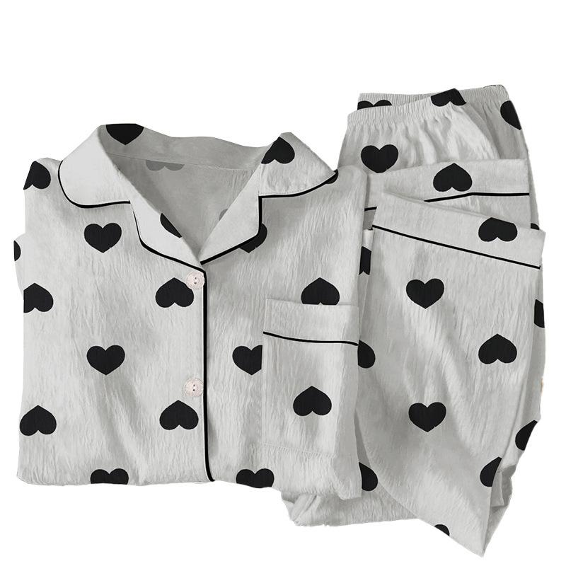 Pajamas Women'S Spring Wrinkled Cloth Long-Sleeved Love Sweet Fashion Loungewear Two-Piece Set Can Be Worn Outside