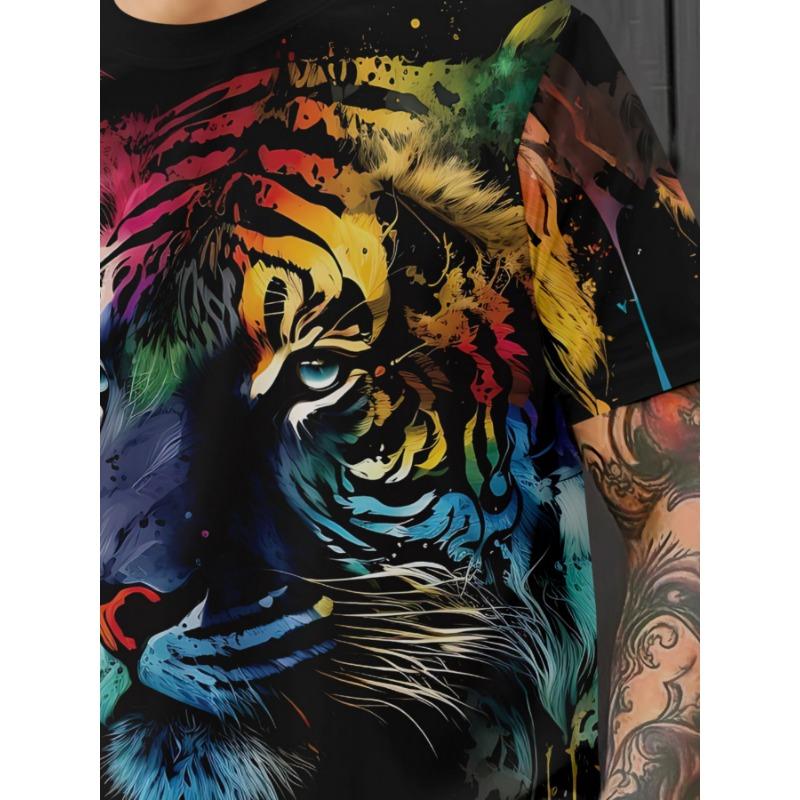 Men's Colorful Tiger 3D Printed T-Shirt Casual Short Sleeve Crewneck Top Splatter Watercolor Animal Graphic Tee Father's Day Gift Streetwear Fashion