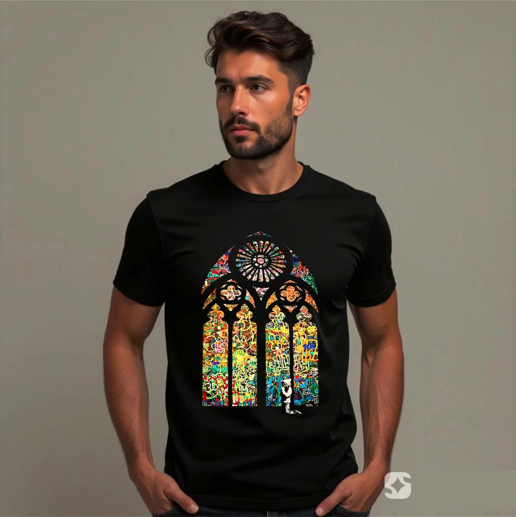 Banksy Stained Glass T-Shirt, Retro Gift Birthday Movie Film Comedy Novelty Tee