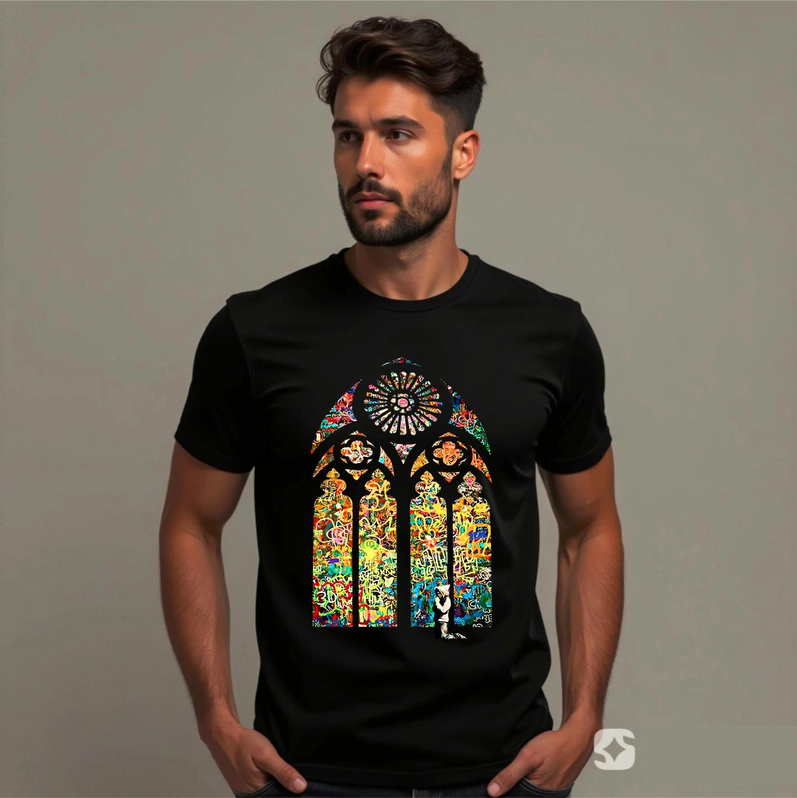 Banksy Stained Glass T-Shirt, Retro Gift Birthday Movie Film Comedy Novelty Tee 2XL