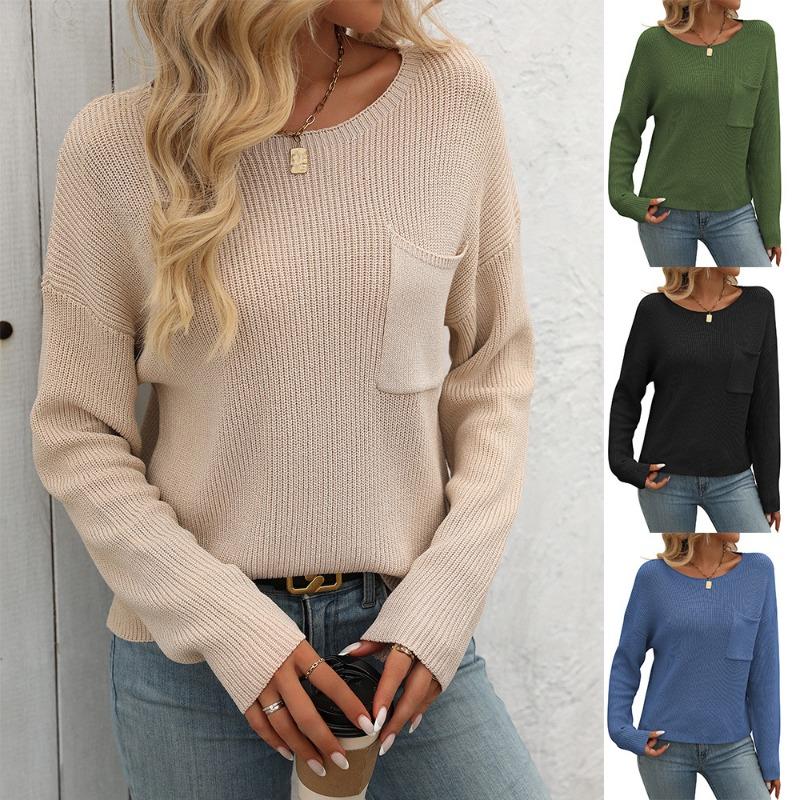 

Women s round neck pocket top long sleeve sweater XL синій