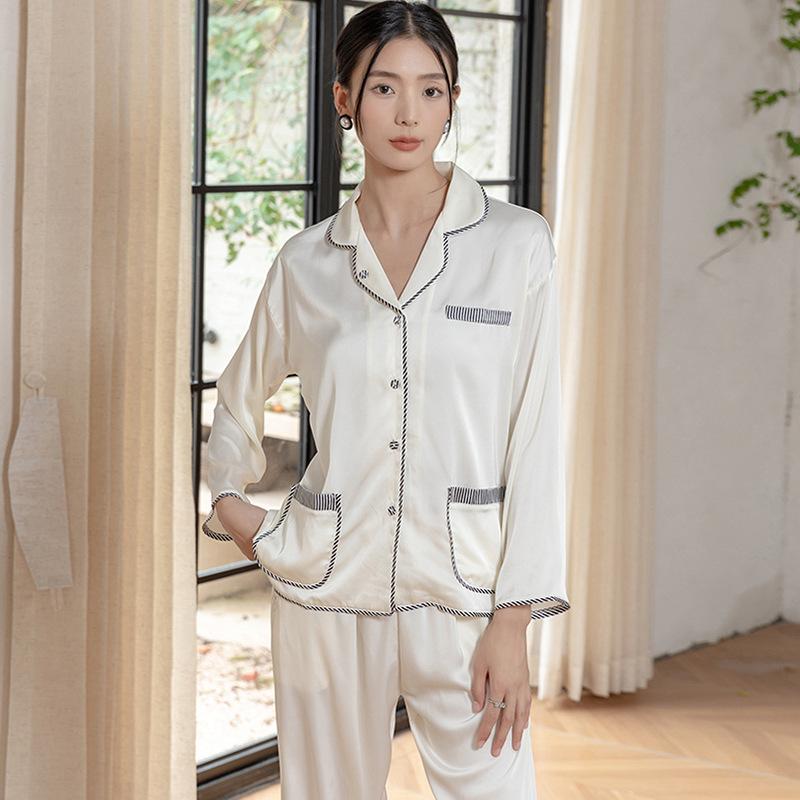 1011 ice silk pajamas women's cardigan premium casual long-sleeved trousers imitation silk new solid color