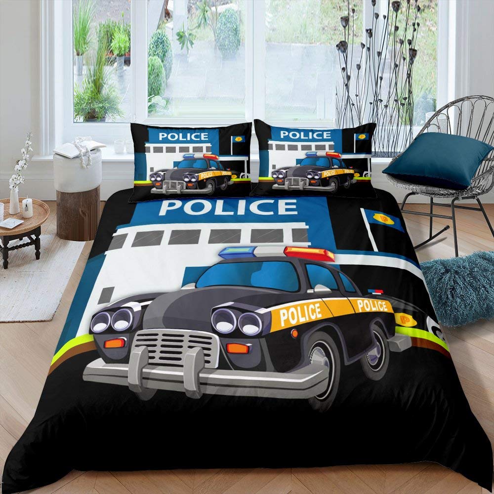 Police Car Duvet Cover Cartoon Set Car Blue Grey Emergency Responder Vehicles Polyester Quilt Cover With Pillowcases King Size