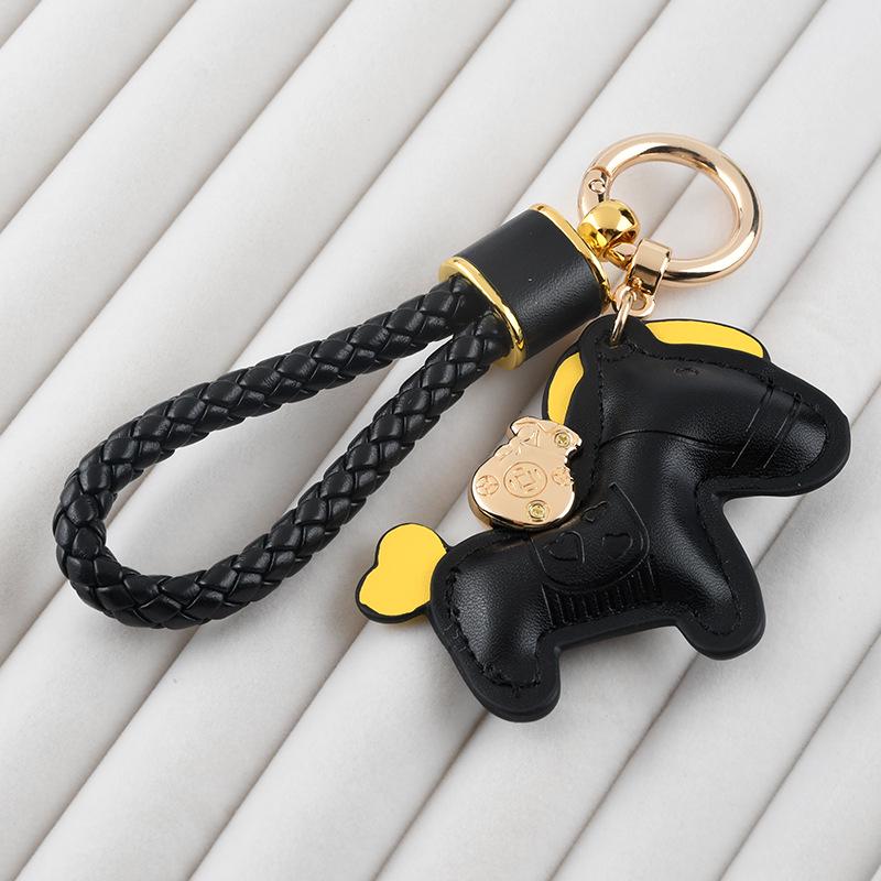 Trendy Leather Woven Rope 'Instant Wealth' Cartoon Keychain – Cute Car Key Accessory & Bag Pendant