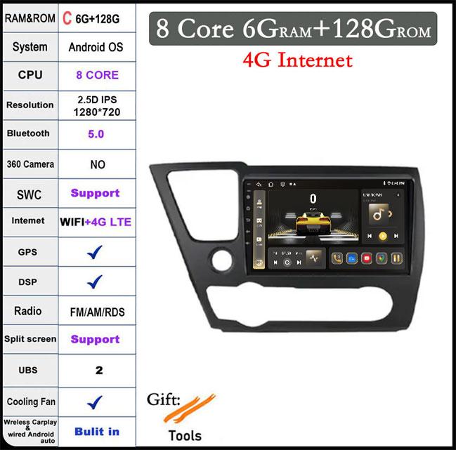 For Honda Civic 9 2013-2016 DSP Android 14 Car Radio Multimedia Video Player Navigation Stereo GPS Monitor