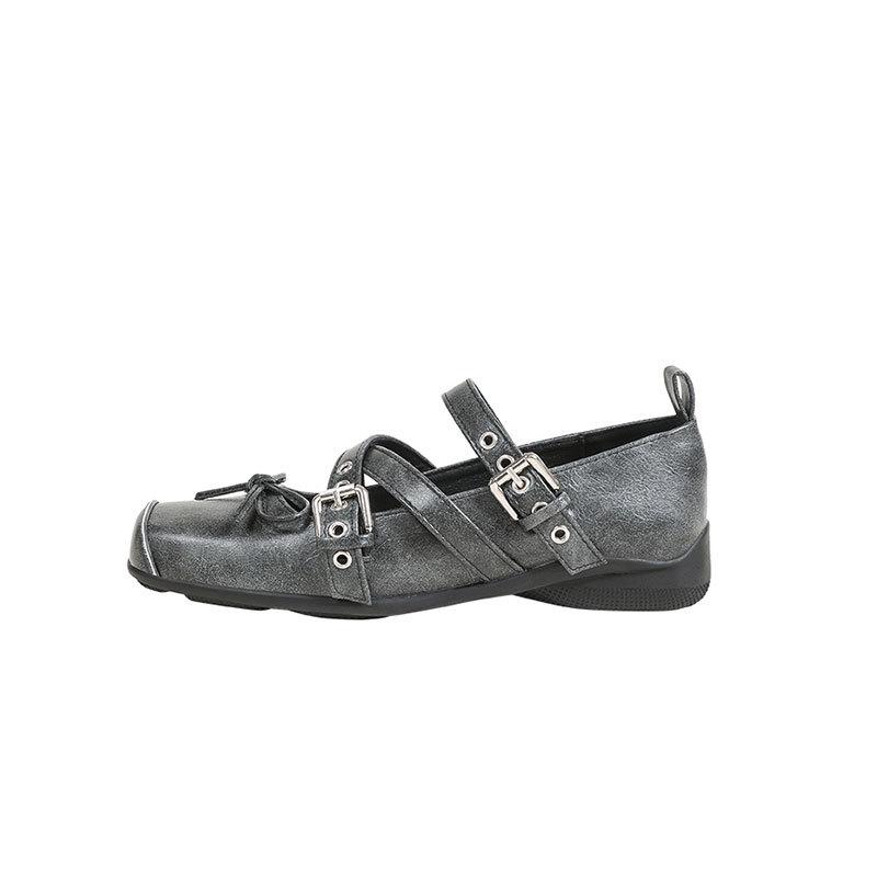 Casual sports bottom ballet shoes women's 2025 new shallow mouth square head pig nose retro bow flat shoes