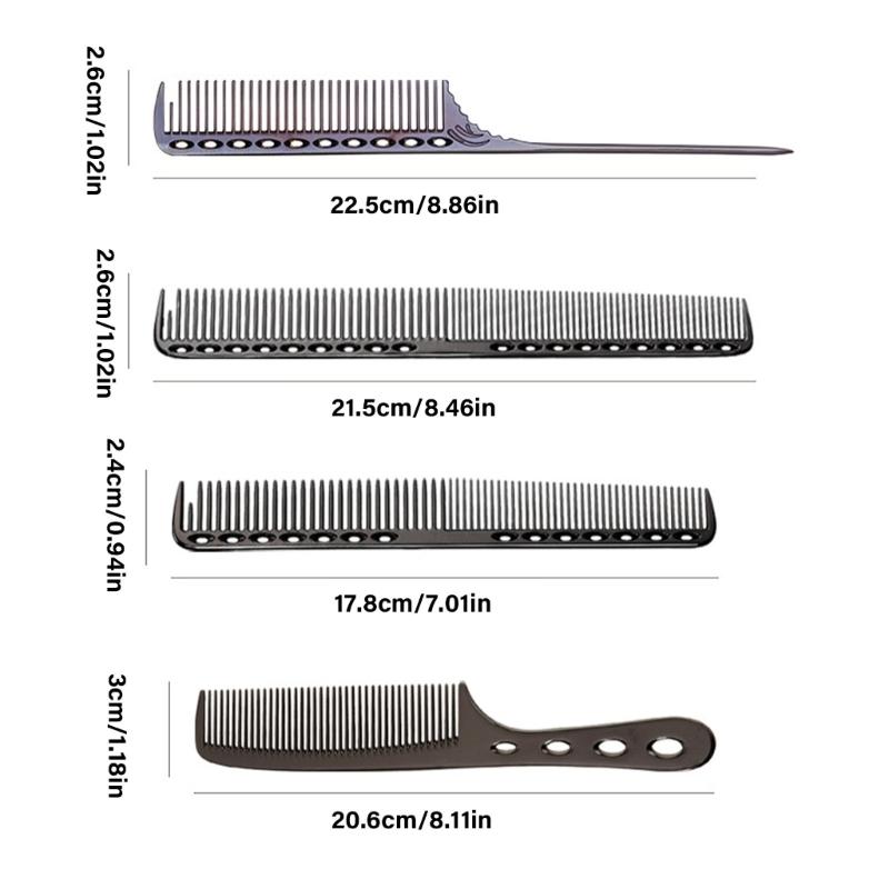 4Pcs Aluminum Hair Combs Set: Long Cutting Comb,Short Styling Comb,Handle Combs,and Tail Comb for Professional Barbers