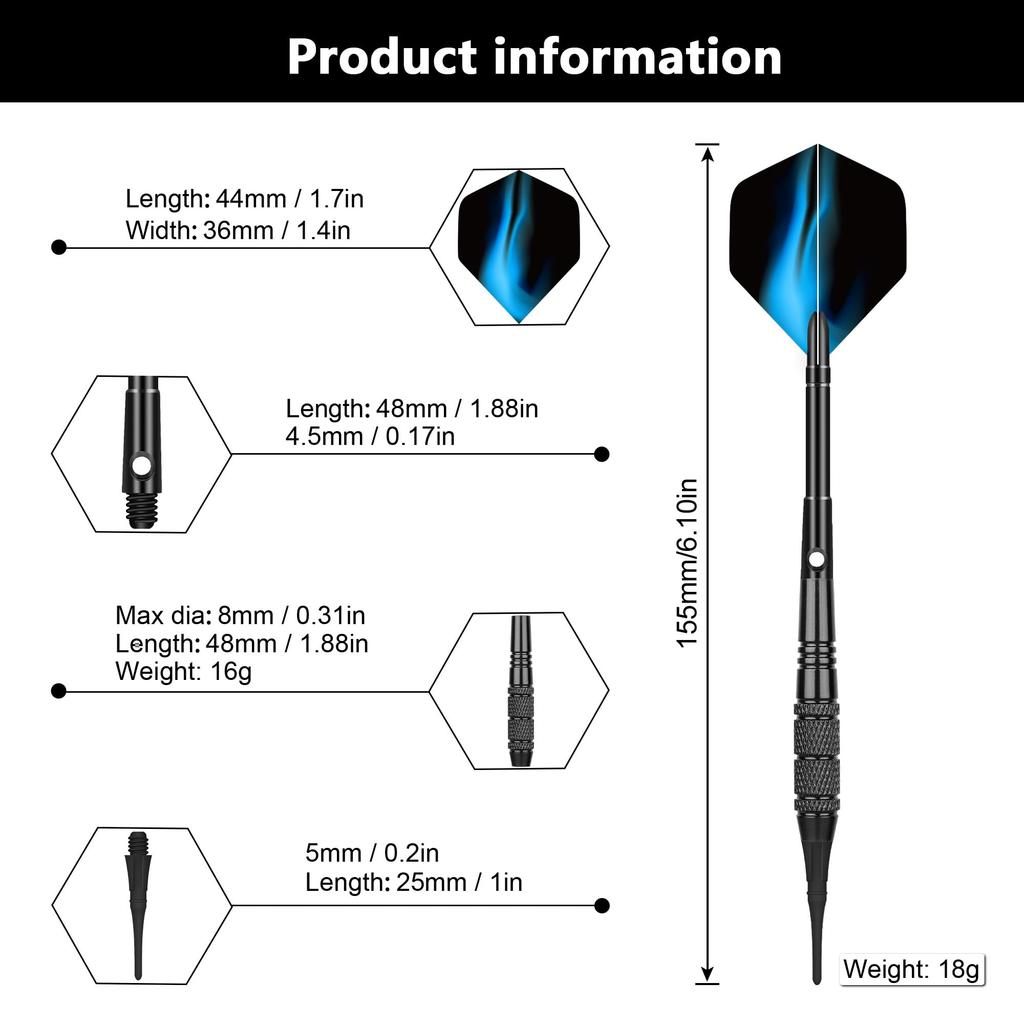 WAYARRIVAL Soft Darts Set (18g X 12 Darts) | Compatible with Electronic Dartboards | Includes 24 Flights + 100 Plastic Tips | Premium Aluminum Shafts