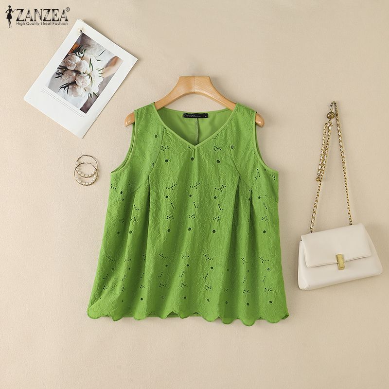 ZANZEA Women Casual V-Neck Sleeveless Lace Crochet Patchwork Tank Tops