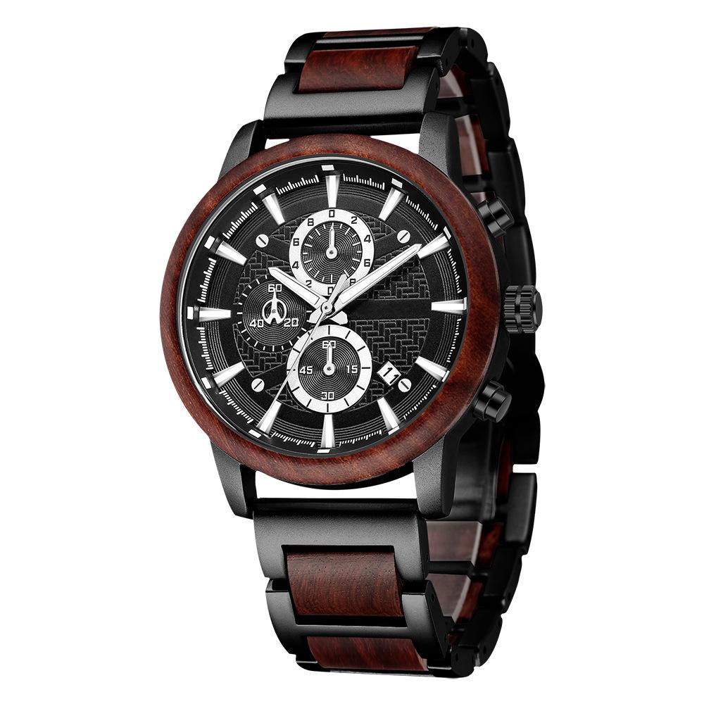 Three-eye Six-pin Alloy Wood Men's Watch Multi-functional Chronograph Calendar Stopwatch Sports Quartz Watch