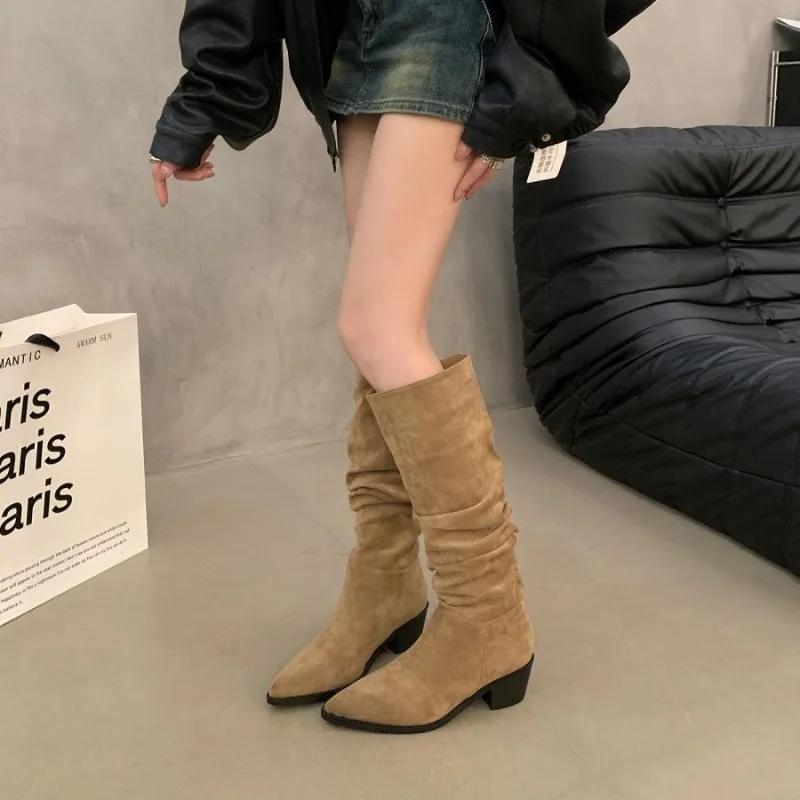 Women's Boots Pointed High-heeled Khaki Black Stacking Boots Women's New Long Tube Knight Boot High Quality Fashion Suede Boots