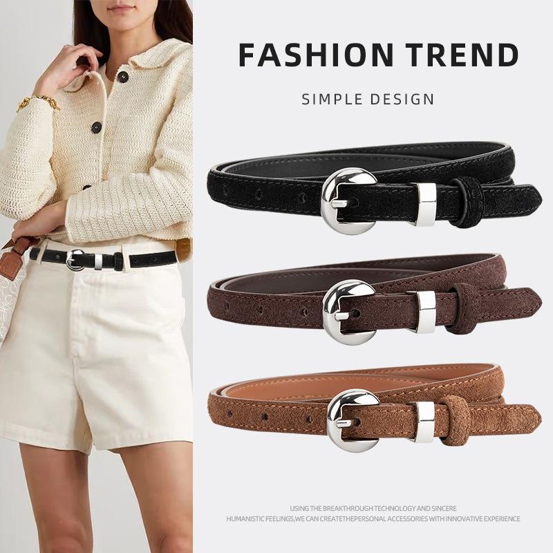 Retro Popular Genuine Leather Women's Fine Belt Matte Silver Pin Buckle High-end Jeans with Accessories for Women's Belt