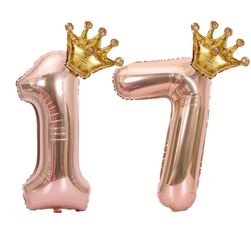 1PC 32 Inch Rose Gold Crown Digital Number Foil Balloons Princess Birthday DecorationParty Wedding Xmas Number Balloon Anniv