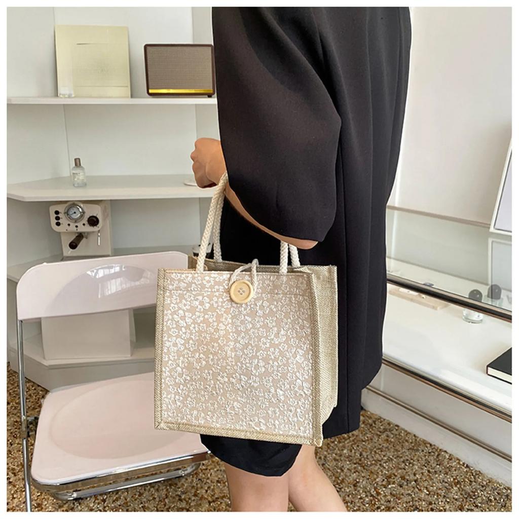 Stylish Tote Bag Floral Pattern Button Zipper Linen Handbag Grocery Bag Portable Shopping Bag Versatile Women Bag