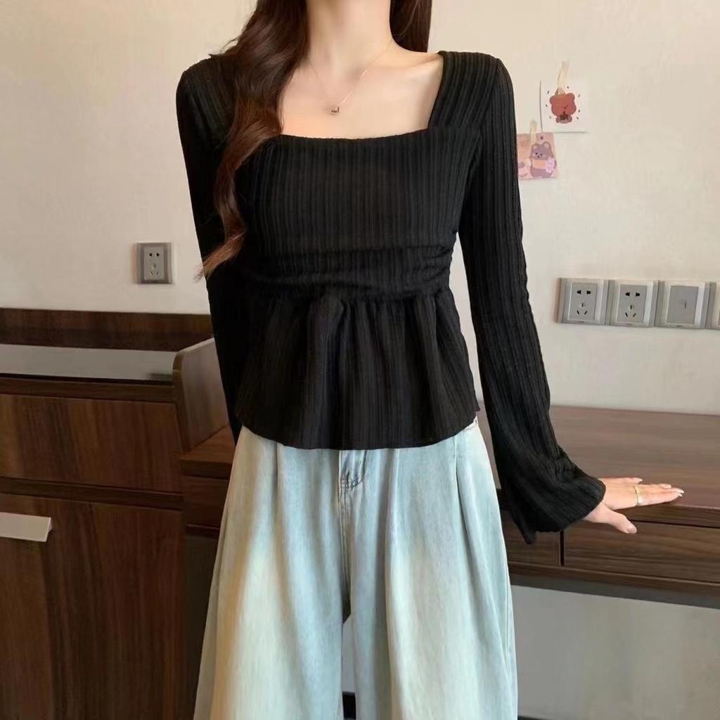 Square Collar Waist Cinched Flared Sleeve Top Short Design with Knitted Base Underneath