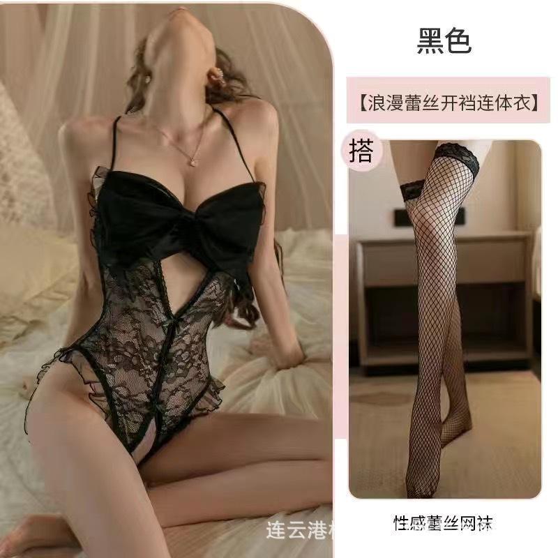 Sexy Perspective Sex Underwear Women's Mesh Big Bow Lace Seduction Onesie French Lace Open File